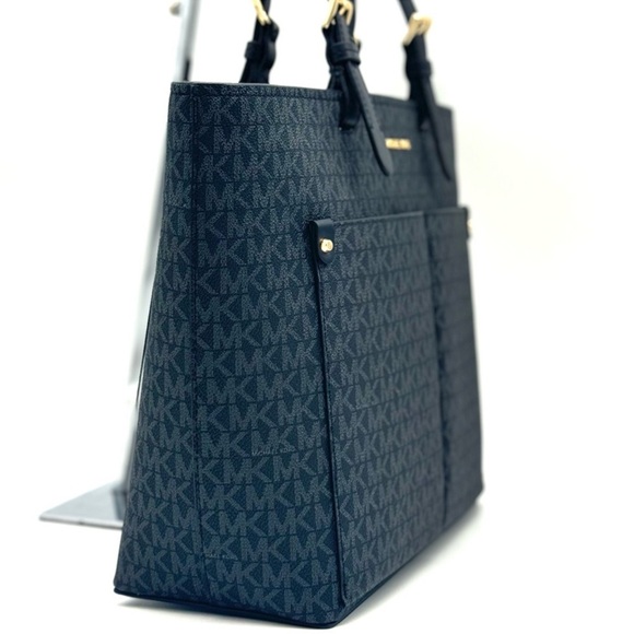 Michael Kors Jet Set Medium Pocket Tote Bag Black Signature - Picture 5 of 10